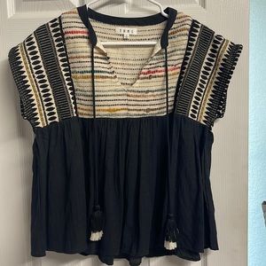 BLACK JAMAICA EMBROIDERED BABYDOLL TOP TASSELS